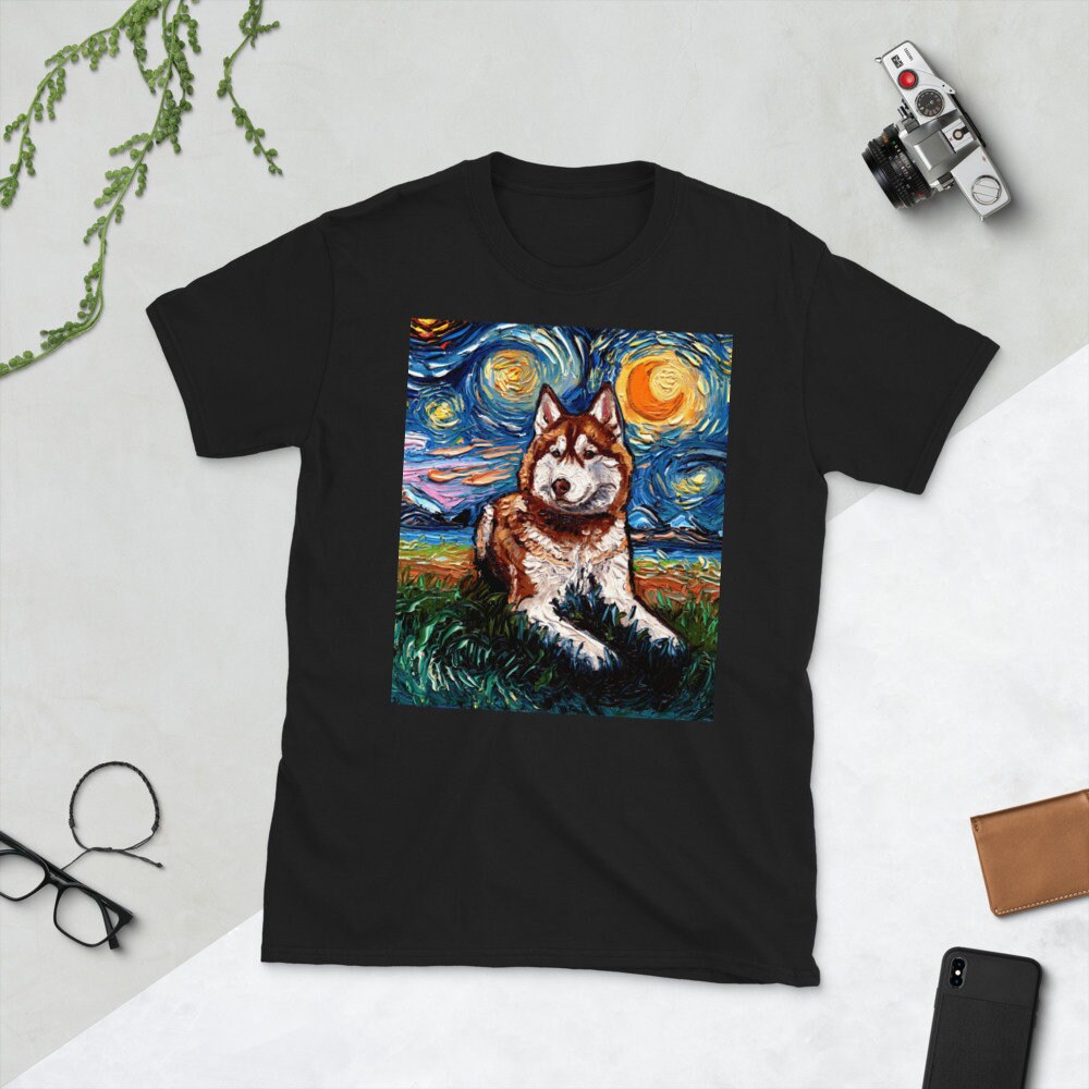 Shirt  Red and White Siberian Husky Starry Night Dog ShortSleeve Unisex TShirt Art by Aja Soft top clothing Pet Artwork Apparel