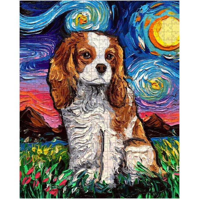 Premium Puzzle  Blenheim Cavalier King Charles Spaniel Starry Night Dog 252 Or 500 Piece Puzzles in Gift Box Art By Aja Free Us Shipping