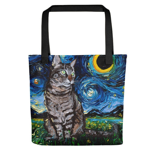 Tabby Night Cat Starry Night Tote bag handbag artwork by Aja gray kitty gym bag handbag purse