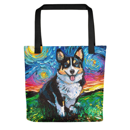 Tri color Corgi Dog Starry Night Tote bag handbag artwork by Aja Pembroke Welsh dog lover gift double sided image