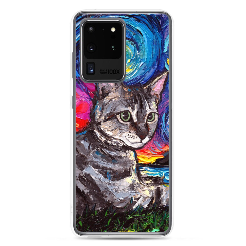 Gray Tabby Cat with flowers Starry Night Samsung Case Android Phone Cover Art by Aja S10 S10+ S10e S20 S20FE S20+ S20U S21 S21+ S21U