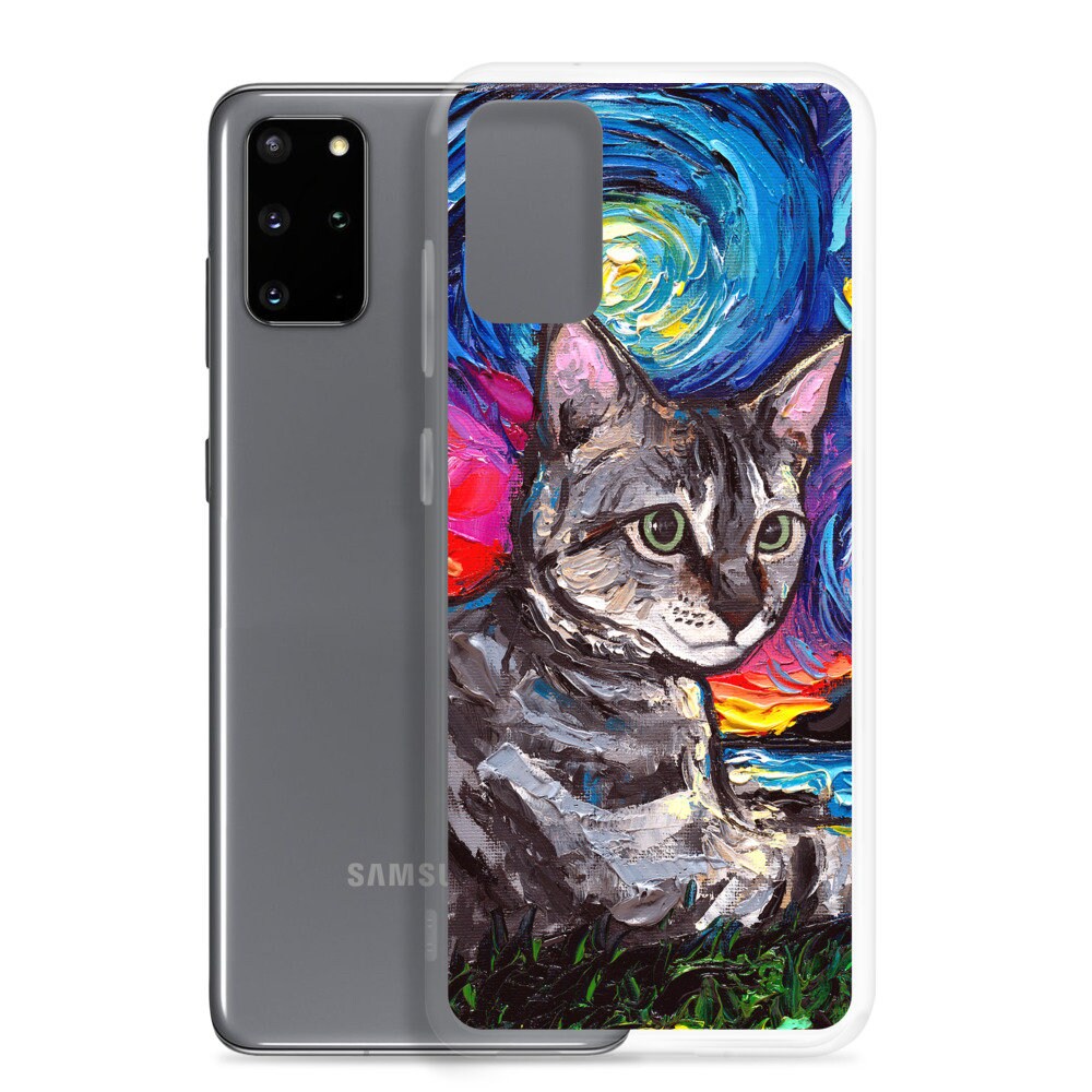 Gray Tabby Cat with flowers Starry Night Samsung Case Android Phone Cover Art by Aja S10 S10+ S10e S20 S20FE S20+ S20U S21 S21+ S21U