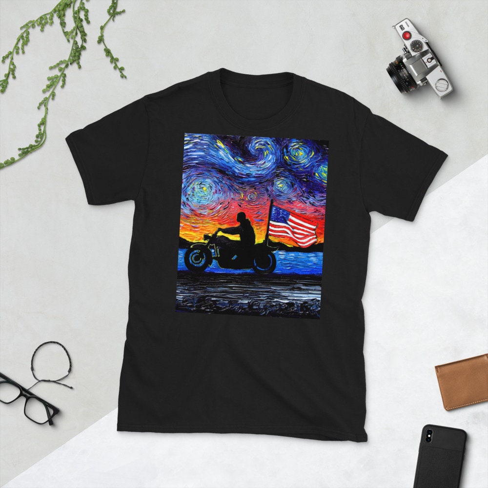 Shirt  Easy Rider Motorcycle Biker American Flag Patriotic Starry Night ShortSleeve Unisex TShirt Art by Aja Soft top clothing