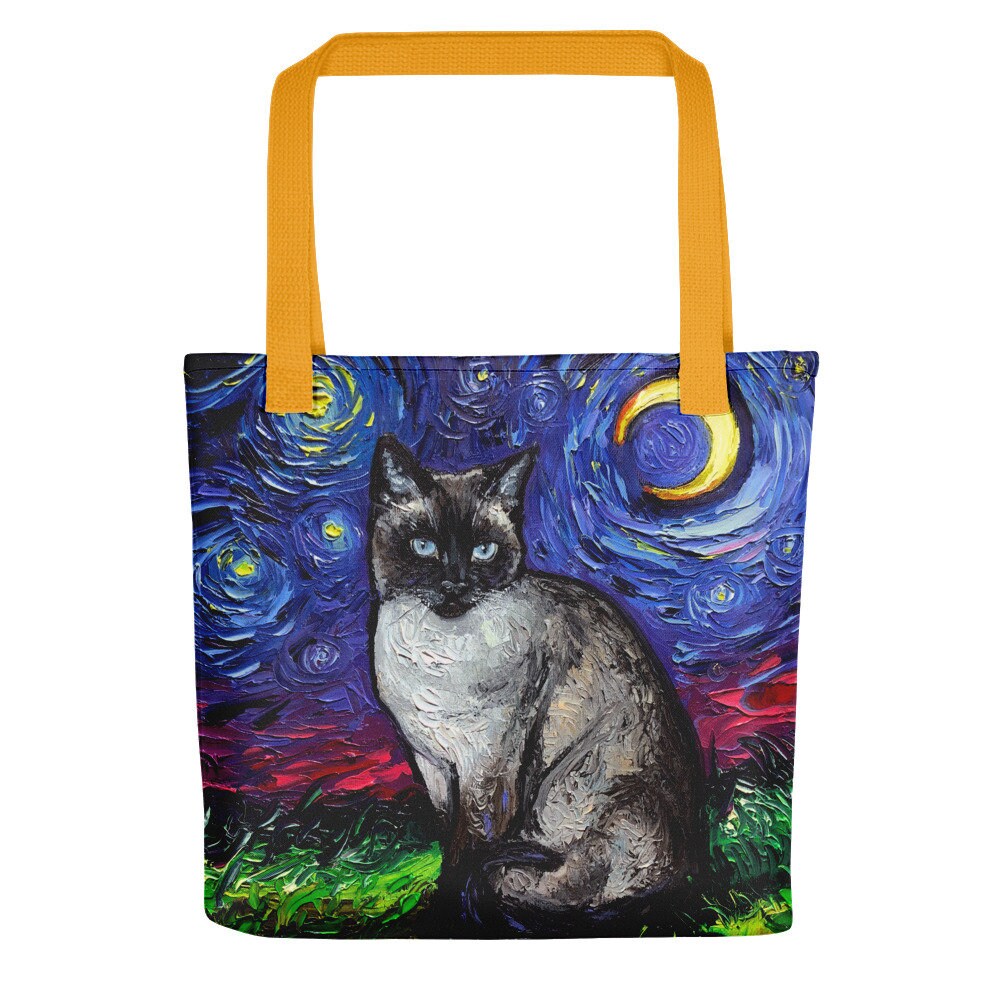 Siamese Cat and Crescent Moon Starry Night Tote bag handbag artwork by Aja cats lover gift gym bag shopping grocery bag carry all