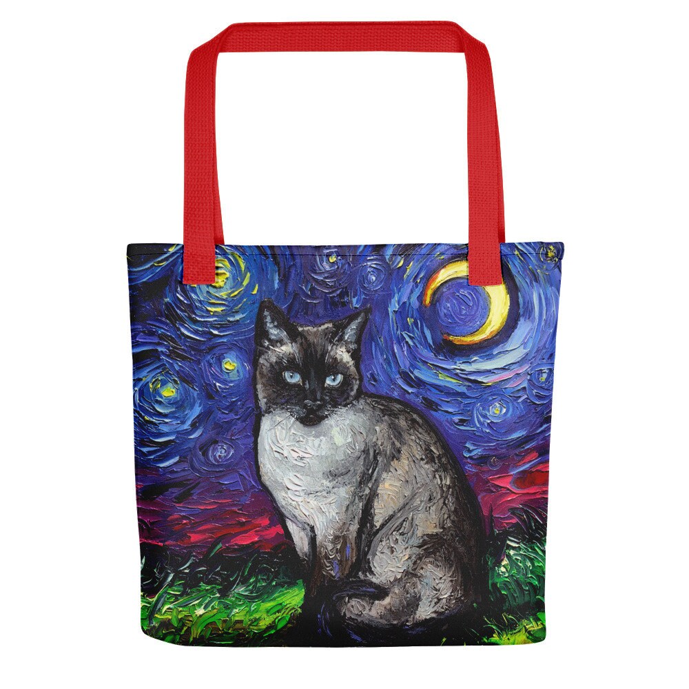 Siamese Cat and Crescent Moon Starry Night Tote bag handbag artwork by Aja cats lover gift gym bag shopping grocery bag carry all