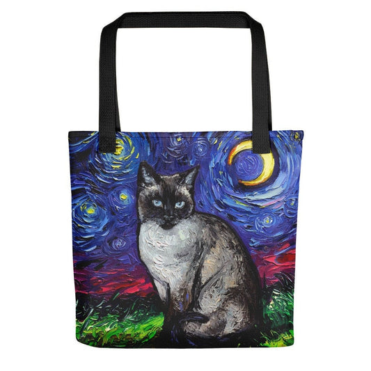Siamese Cat and Crescent Moon Starry Night Tote bag handbag artwork by Aja cats lover gift gym bag shopping grocery bag carry all