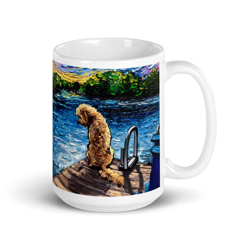 Coffee Mug  Goldendoodle on Dock of Lake Dog Lover Starry Night Art by Aja ceramic cup Landscape Poodle Mix Artwork