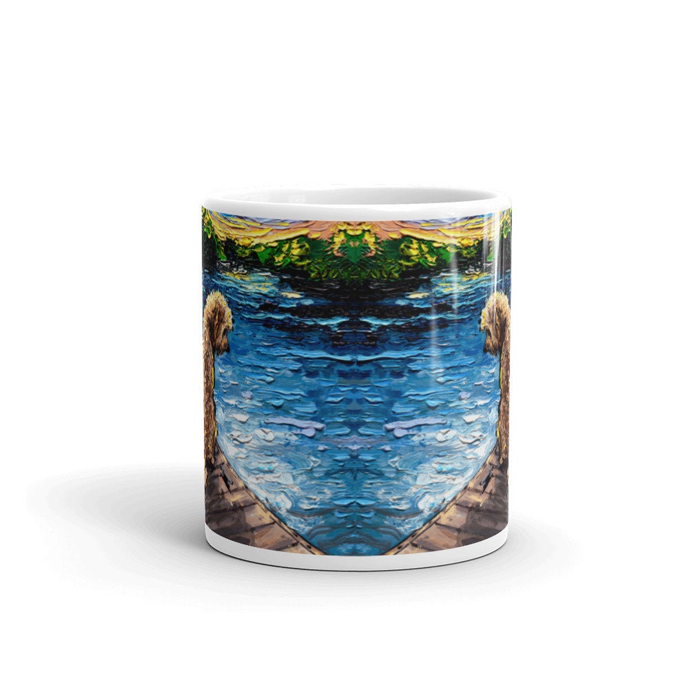 Coffee Mug  Goldendoodle on Dock of Lake Dog Lover Starry Night Art by Aja ceramic cup Landscape Poodle Mix Artwork