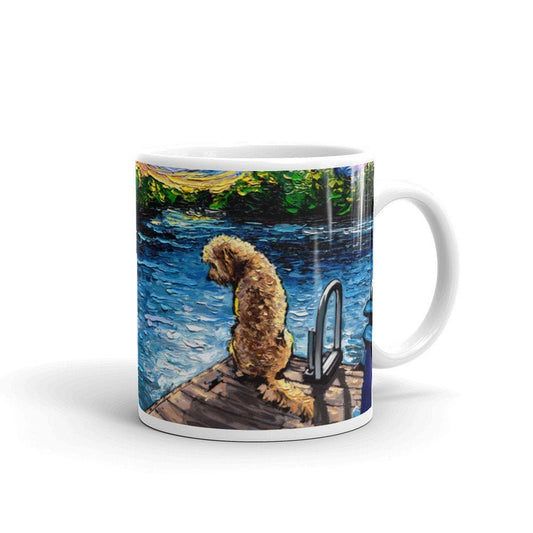 Coffee Mug  Goldendoodle on Dock of Lake Dog Lover Starry Night Art by Aja ceramic cup Landscape Poodle Mix Artwork