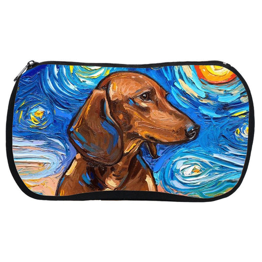 Cosmetic Bag  Brown Short Hair Dachshund Dog Starry Night Neoprene Rubber Colorful Dog Makeup Pouch Travel Bag Art By Aja
