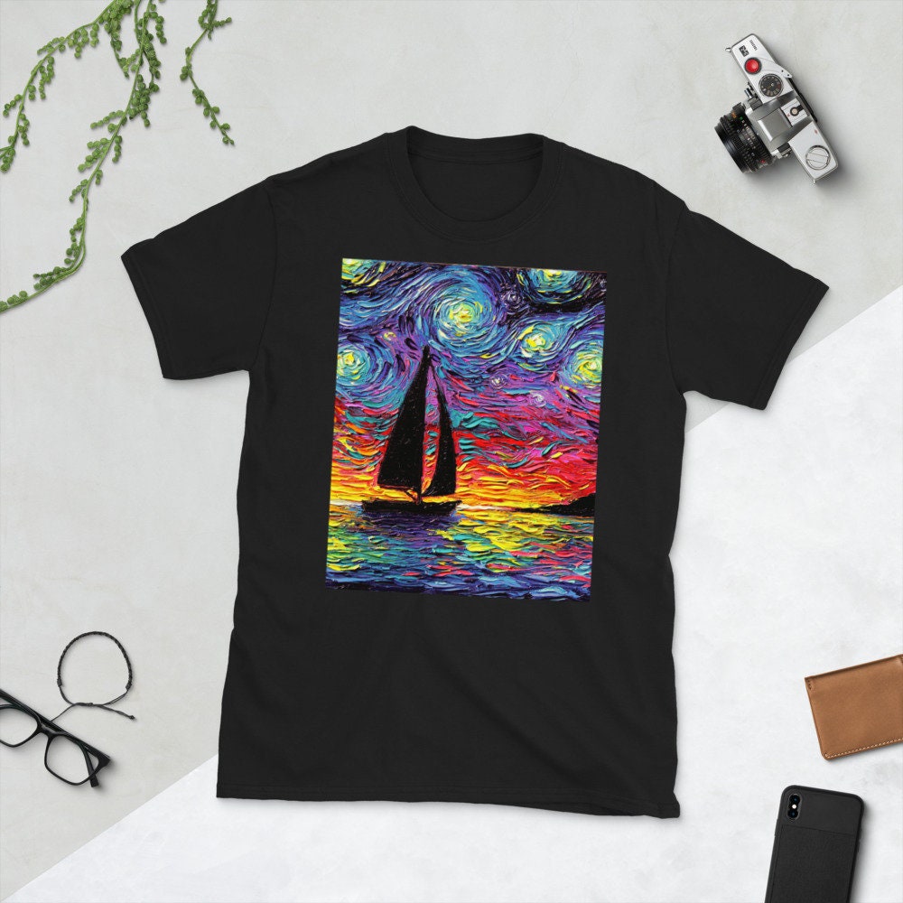 Shirt  Sailboat Silhouette at Sunset on the Ocean Starry Night Seascape ShortSleeve Unisex TShirt Art by Aja Soft top clothing