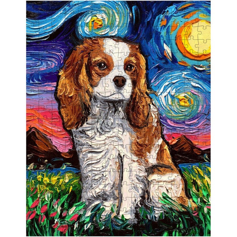 Premium Puzzle  Blenheim Cavalier King Charles Spaniel Starry Night Dog 252 Or 500 Piece Puzzles in Gift Box Art By Aja Free Us Shipping