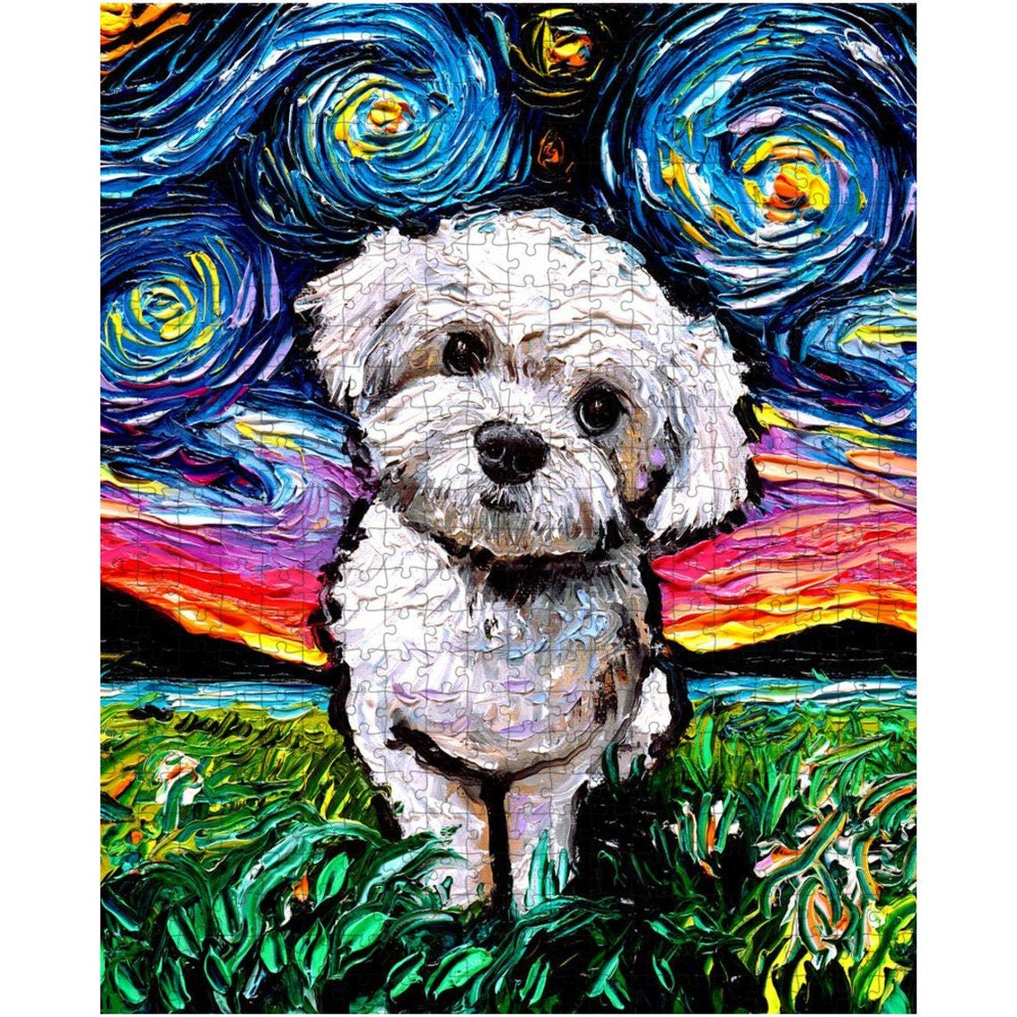 Premium Puzzle Maltipoo Maltese Poodle Starry Night Dog 252 Or 500 Piece Puzzles in Gift Box Art By Aja Rainy Day Activity Free US Shipping