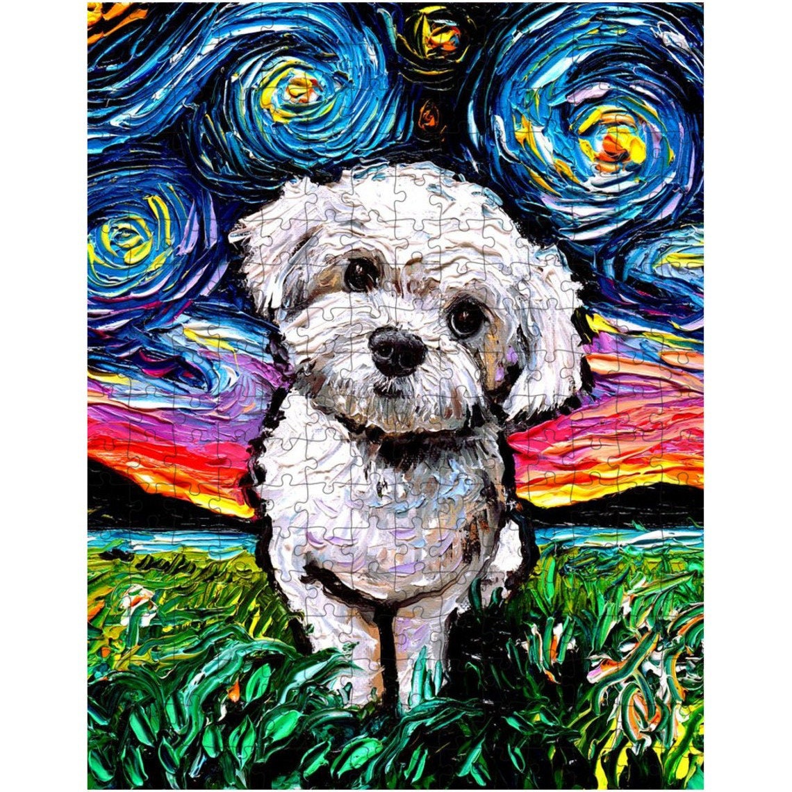 Premium Puzzle Maltipoo Maltese Poodle Starry Night Dog 252 Or 500 Piece Puzzles in Gift Box Art By Aja Rainy Day Activity Free US Shipping