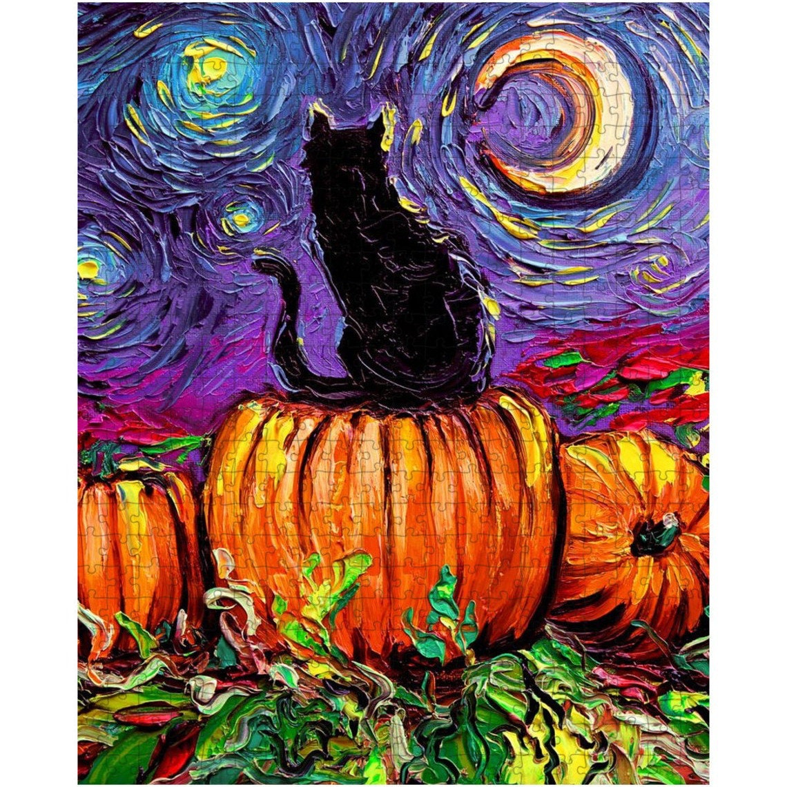 Premium Puzzle  Black Cat In Pumpkin Patch Starry Night 110 252 or 500 Pieces in Gift Tin Art By Aja Rainy Day Activity Free US Shipping