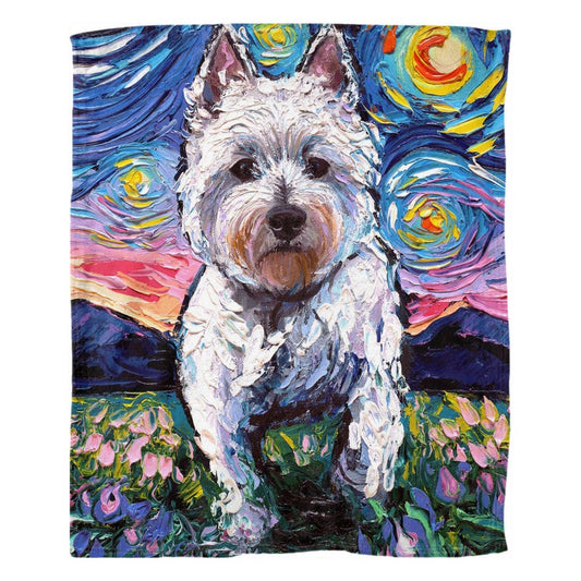 Fleece Throw Blanket Westie West Highland Terrier Flowers Starry Night Dog 60x50 Inches
