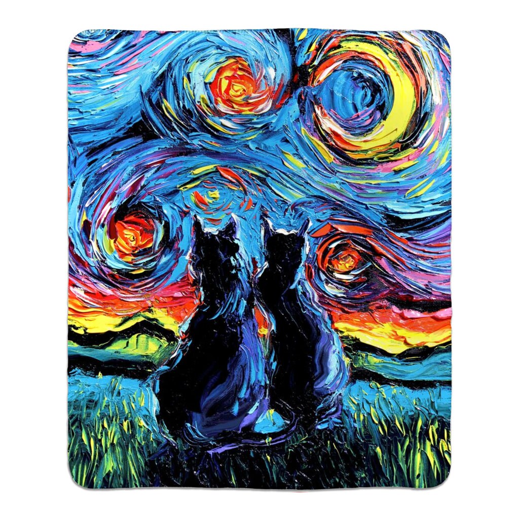 Premium Fleece Sherpa Blanket Black Cats Starry Night Throw 60x50 inches