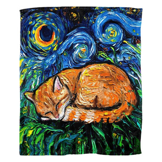 Fleece Throw Blanket 60x50 Inch Sleepy Orange Tabby Cat Starry Night Art