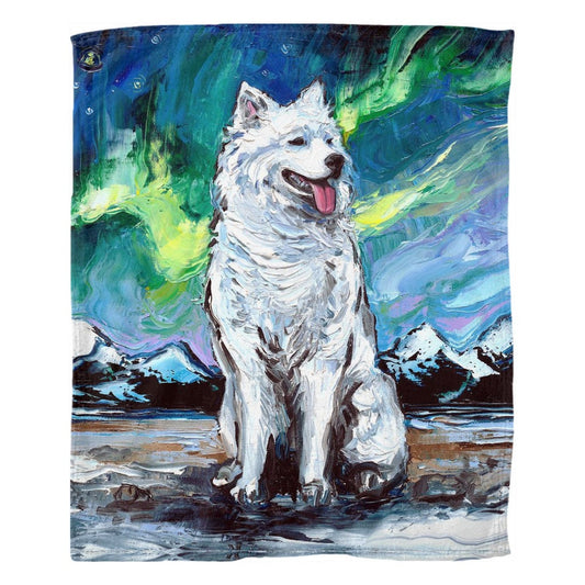 Fleece Throw Blanket Samoyed Dog Aurora Borealis Northern Lights 60x50 Inches