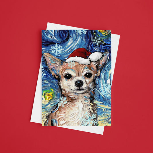 Folded Blank Greeting Cards  Tan Short Hair Chihuahua Starry Night Dog Christmas 4.25x5.5 Inches With Envelopes Holiday Stationary