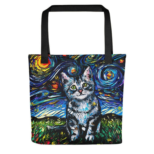 Gray Tabby Cat Kitten Starry Night Tote bag handbag artwork by Aja cat lover gift gym grocery shopping carry all