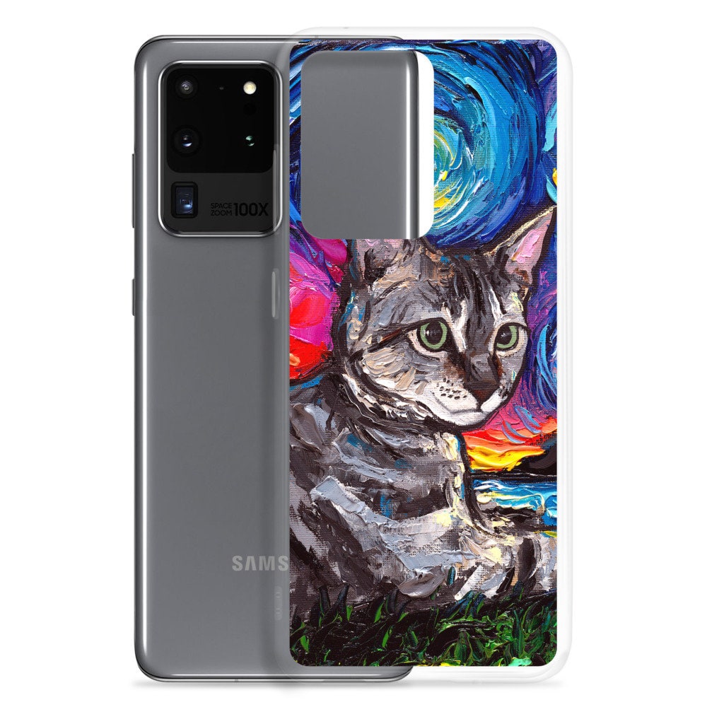 Gray Tabby Cat with flowers Starry Night Samsung Case Android Phone Cover Art by Aja S10 S10+ S10e S20 S20FE S20+ S20U S21 S21+ S21U