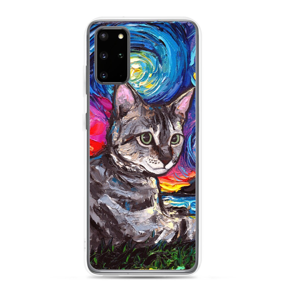 Gray Tabby Cat with flowers Starry Night Samsung Case Android Phone Cover Art by Aja S10 S10+ S10e S20 S20FE S20+ S20U S21 S21+ S21U