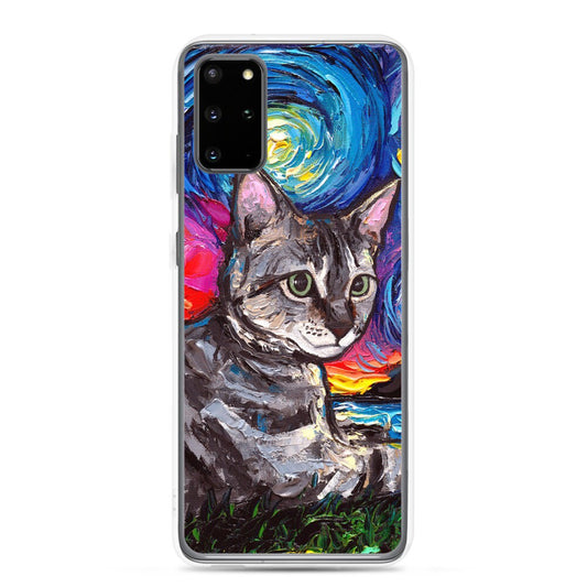Gray Tabby Cat with flowers Starry Night Samsung Case Android Phone Cover Art by Aja S10 S10+ S10e S20 S20FE S20+ S20U S21 S21+ S21U