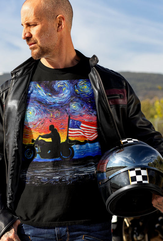 Shirt  Easy Rider Motorcycle Biker American Flag Patriotic Starry Night ShortSleeve Unisex TShirt Art by Aja Soft top clothing