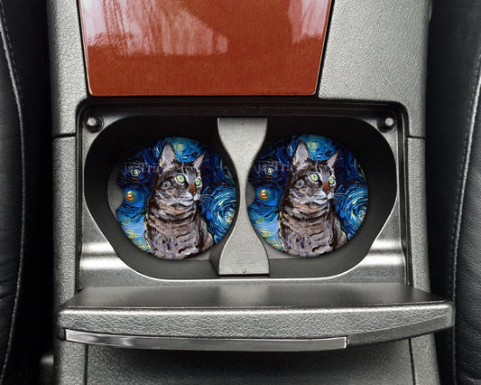 Soapstone Car Coasters  Tabby Cat Starry Night Pet Lover Artwork by Aja Free ship in US choose 1 or a pair of 2