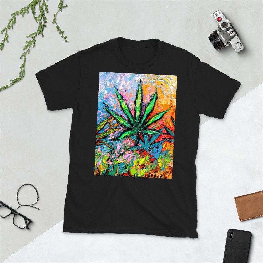 Shirt  Psychedelic Pot Leaf Trippy Boho Black ShortSleeve Unisex TShirt Art by Aja Soft top clothing Artwork Marijuana plant painting