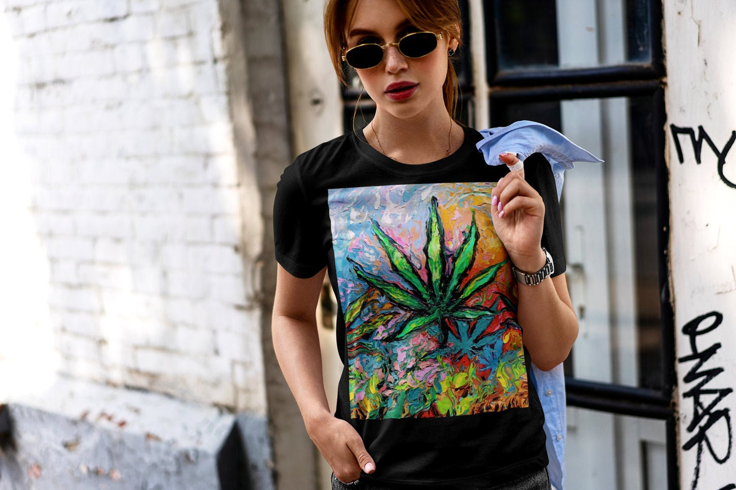 Shirt  Psychedelic Pot Leaf Trippy Boho Black ShortSleeve Unisex TShirt Art by Aja Soft top clothing Artwork Marijuana plant painting