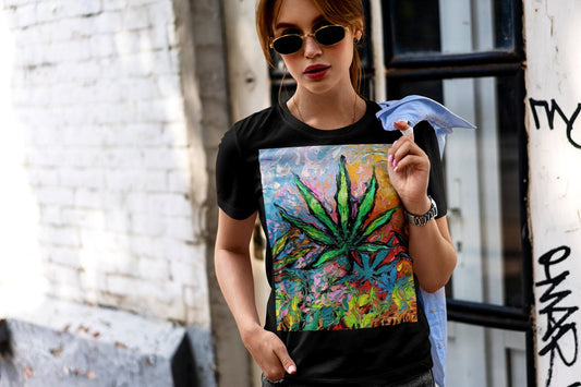 Shirt  Psychedelic Pot Leaf Trippy Boho Black ShortSleeve Unisex TShirt Art by Aja Soft top clothing Artwork Marijuana plant painting