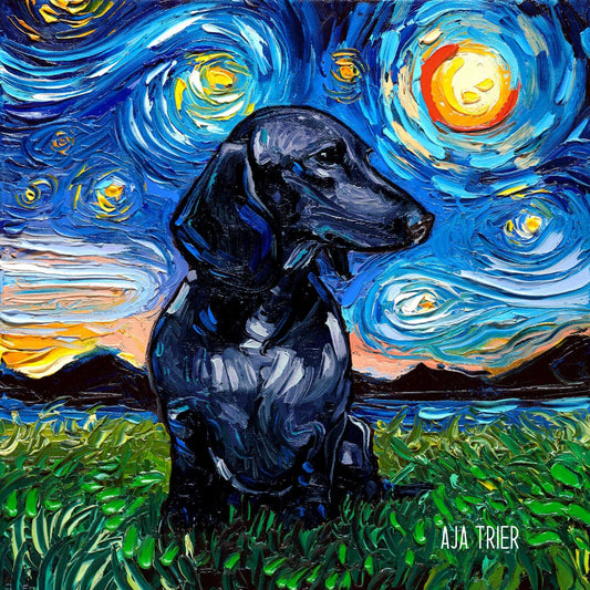 All Black Short haired Dachshund Art Starry Night Art Print dog lover gift cute art pup puppy by Aja choose size and type of paper