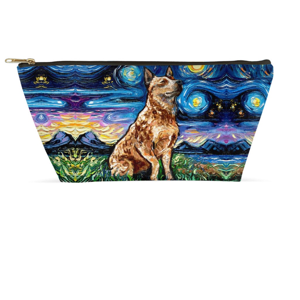 Red Heeler Dog Landscape Starry Night Art Animal Accessory Pouch With TBottom Stand Up Travel / Makeup Bag Choose Size