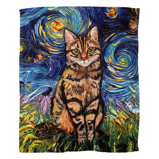 Brown Tabby Cat Starry Night 60x50 Inch Fleece Throw Blanket