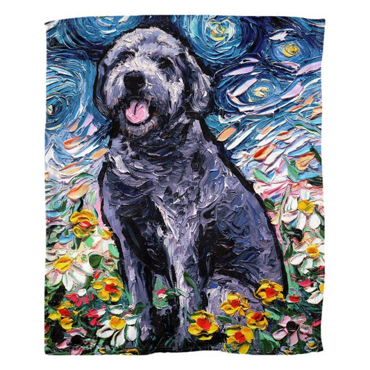 Gray Labradoodle Starry Night Dog 60x50 Inch Fleece Throw Blanket