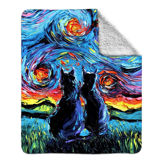 Premium Fleece Sherpa Blanket Black Cats Starry Night Throw 60x50 inches