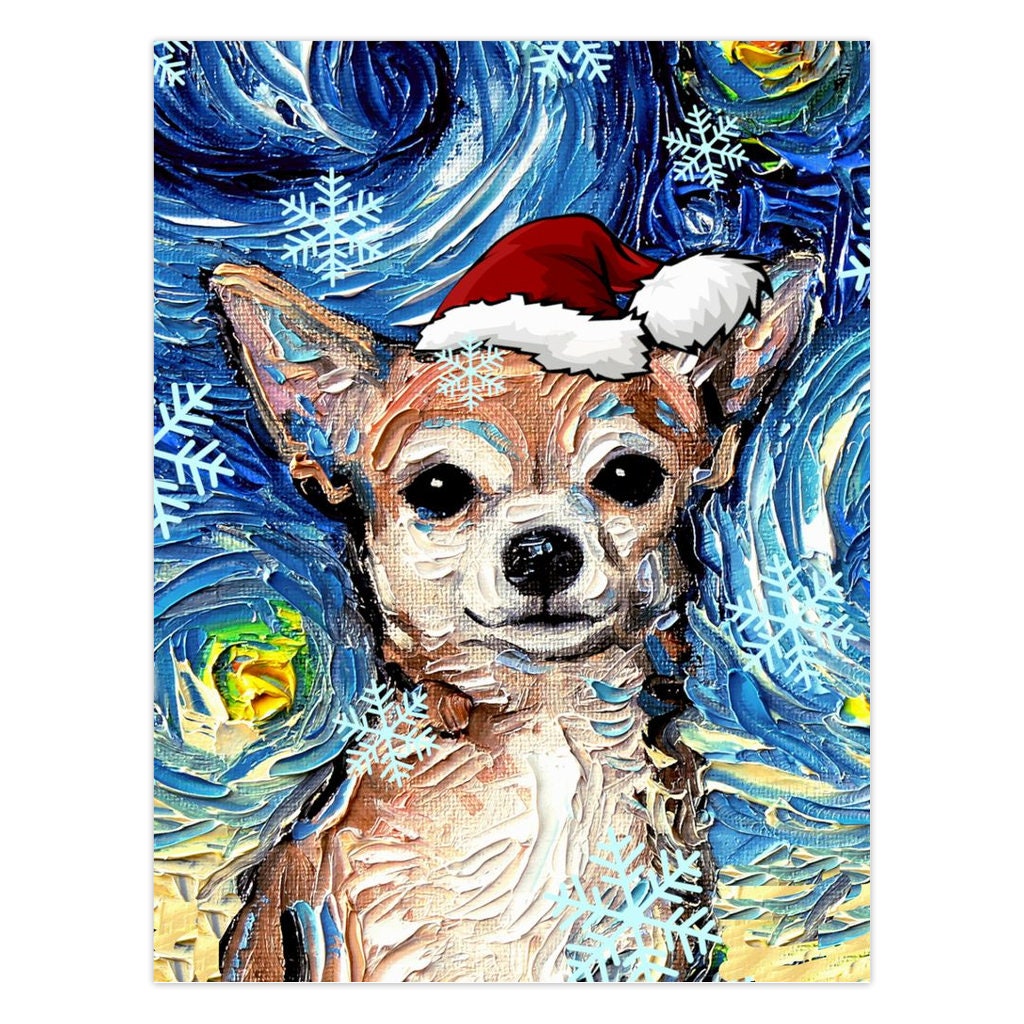 Folded Blank Greeting Cards  Tan Short Hair Chihuahua Starry Night Dog Christmas 4.25x5.5 Inches With Envelopes Holiday Stationary