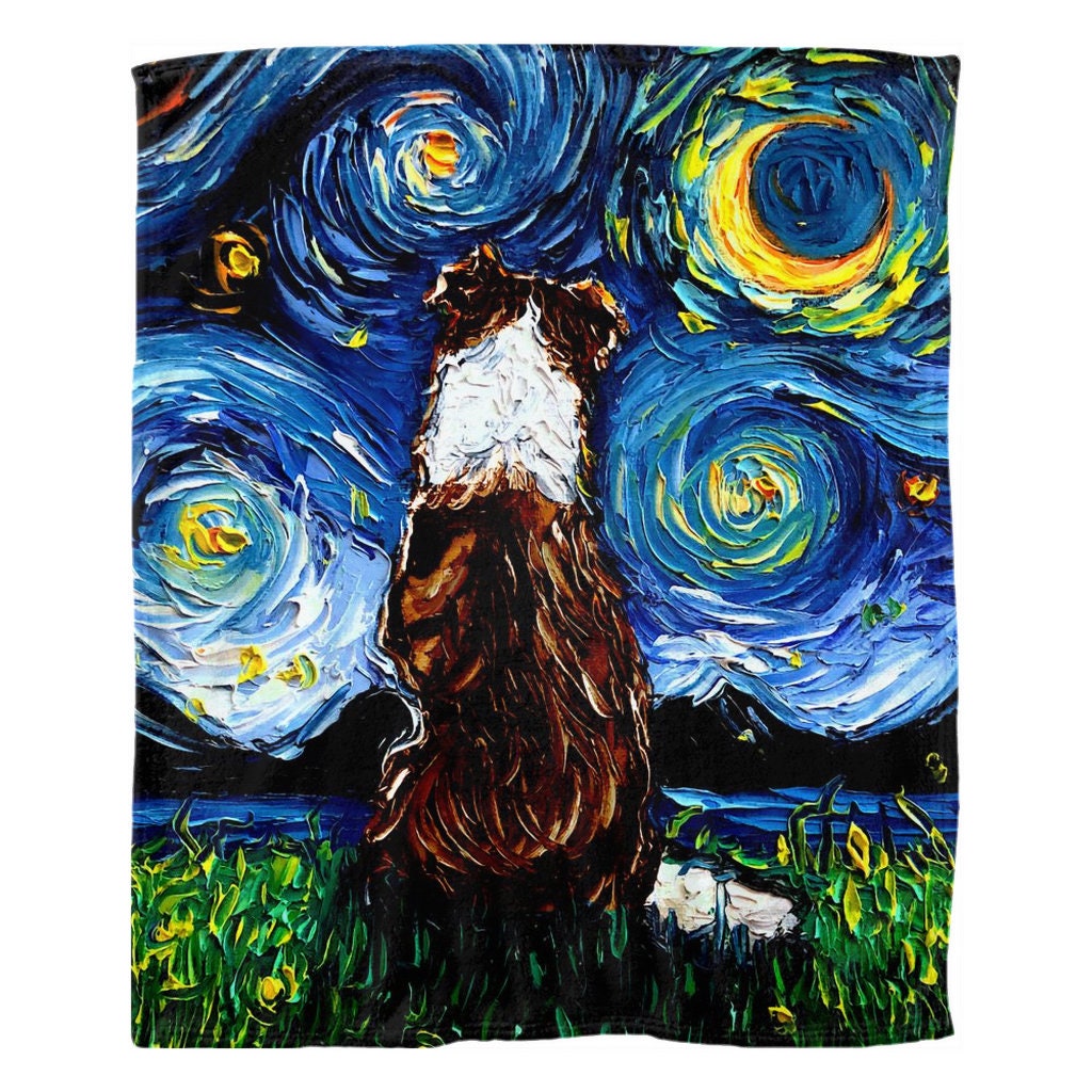 Fleece Throw Blanket  Brown Border Collie Back Starry Night Dog 60x50 Inches