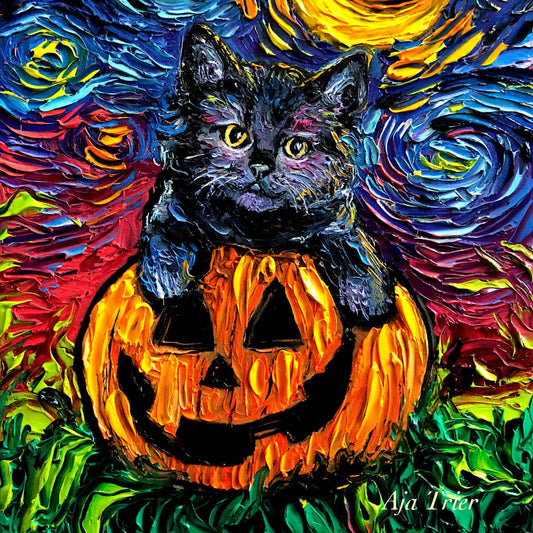 Black Kitten in Jack O Lantern Pumpkin Halloween Starry Night Art by Aja DIGITAL DOWNLOAD