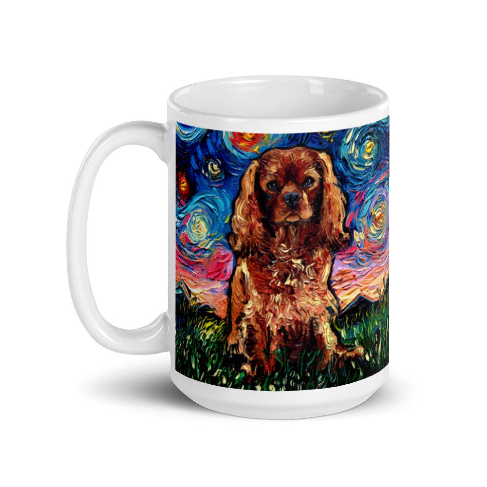 Ruby Cavalier King Charles Spaniel Starry Night Coffee Mug Dog Lover Art by Aja ceramic cup Cute pup gift drink ware