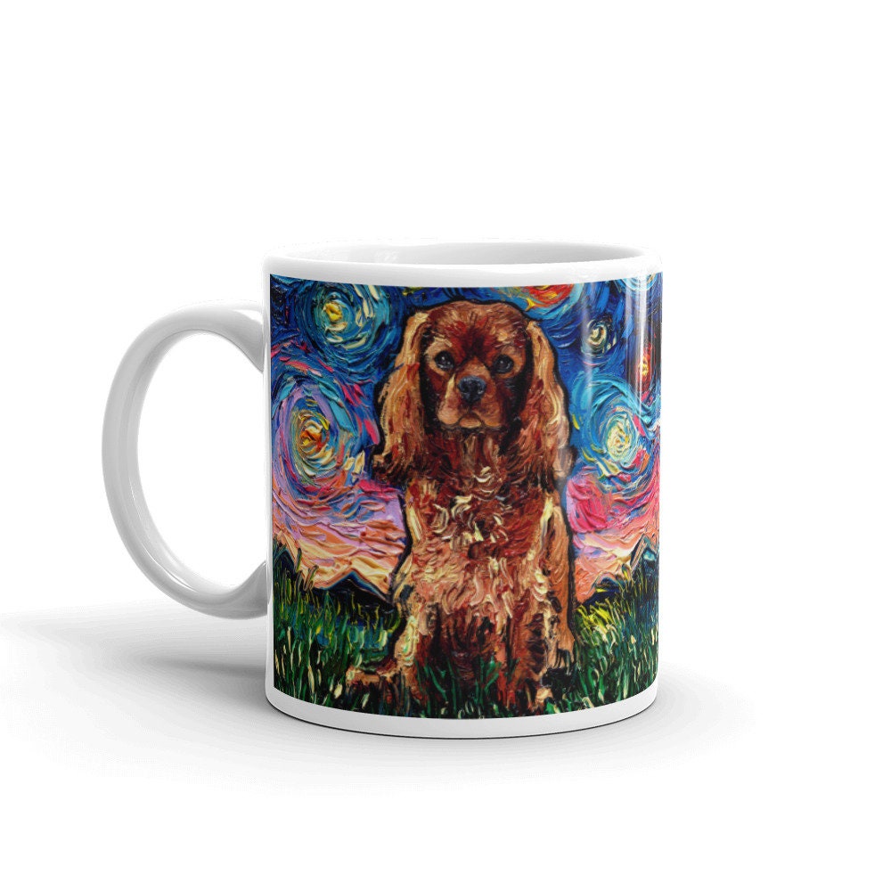 Ruby Cavalier King Charles Spaniel Starry Night Coffee Mug Dog Lover Art by Aja ceramic cup Cute pup gift drink ware