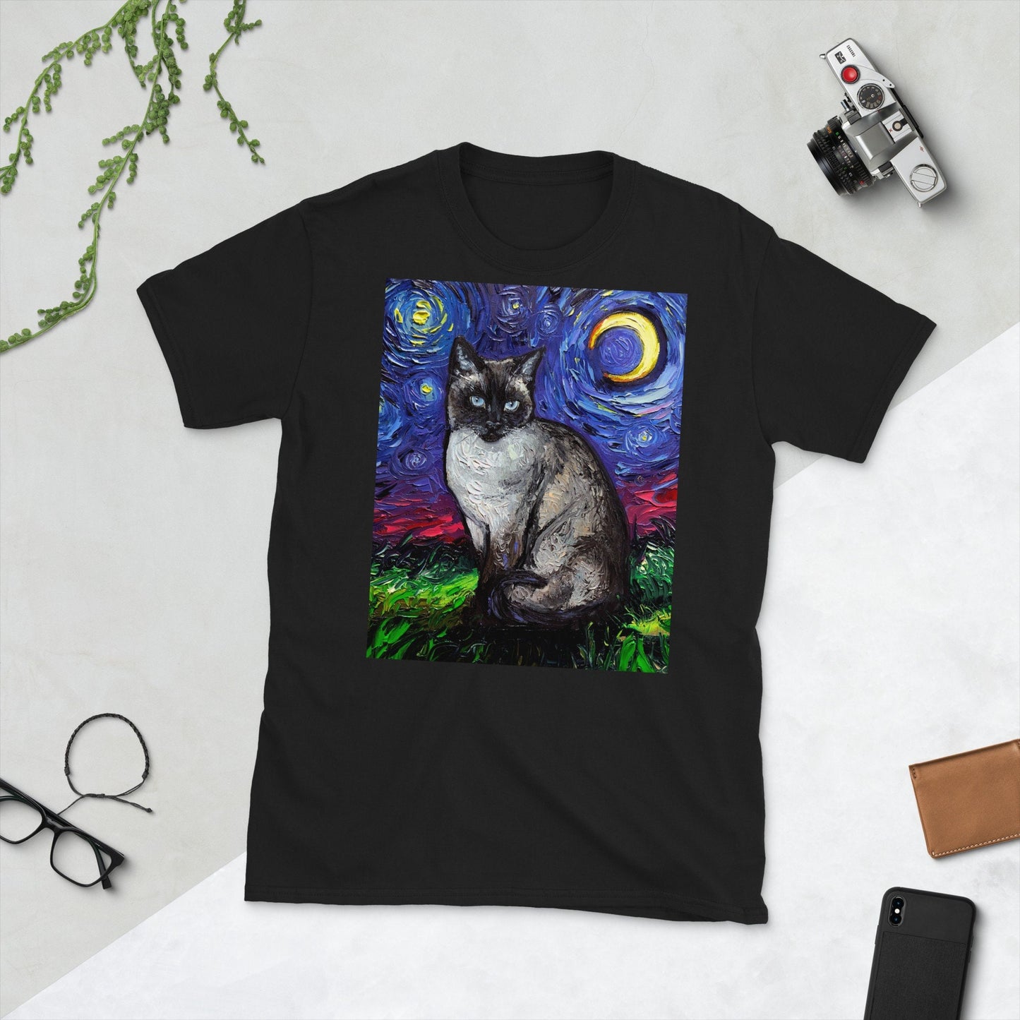 Shirt  Siamese Cat Starry Night ShortSleeve Unisex TShirt Art by Aja Soft top clothing Cute Pet Artwork gift animal moon apparel