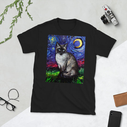 Shirt  Siamese Cat Starry Night ShortSleeve Unisex TShirt Art by Aja Soft top clothing Cute Pet Artwork gift animal moon apparel