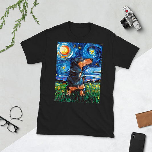 Shirt  Black and Tan Short Hair Dachshund Starry Night Dog ShortSleeve Unisex TShirt Art by Aja Soft top clothing Cute Pet gift