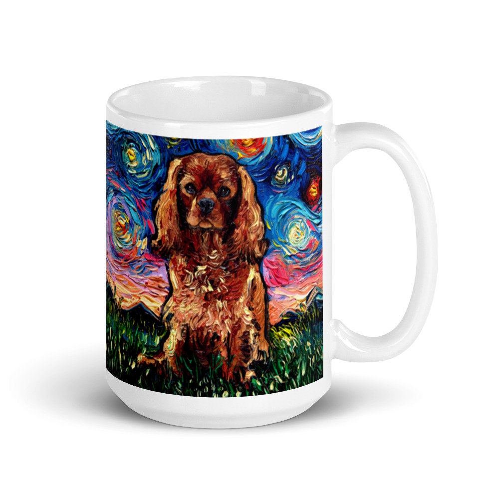 Ruby Cavalier King Charles Spaniel Starry Night Coffee Mug Dog Lover Art by Aja ceramic cup Cute pup gift drink ware