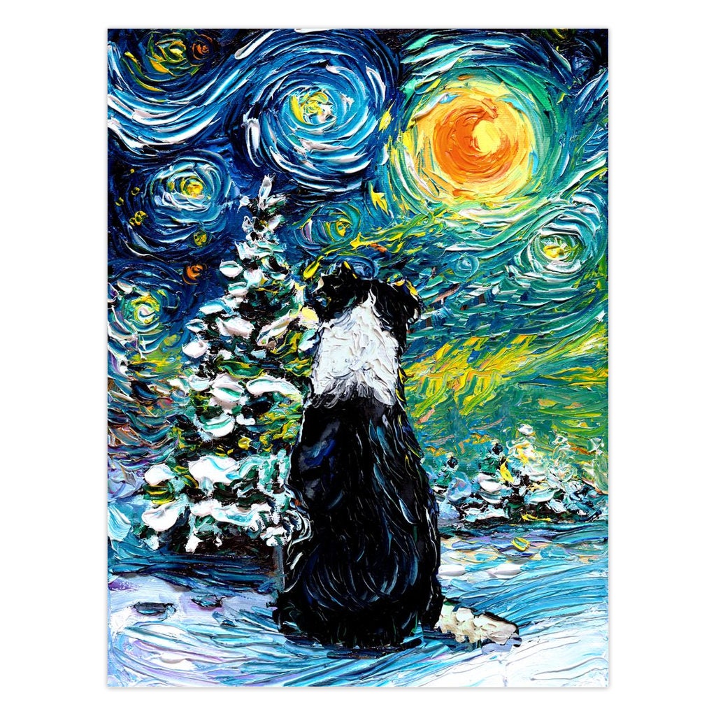 Winter Holiday Cards  Border Collie Starry Night Folded Greeting Cards 4.25x5.5 Inches With Envelopes Stationary Non Denominational winter
