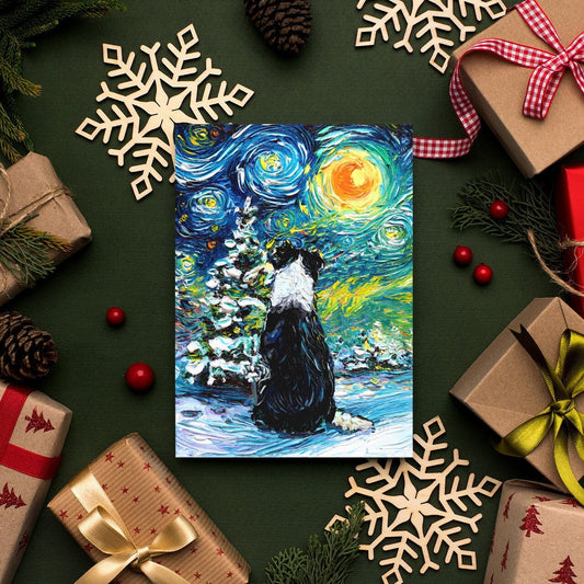 Winter Holiday Cards  Border Collie Starry Night Folded Greeting Cards 4.25x5.5 Inches With Envelopes Stationary Non Denominational winter