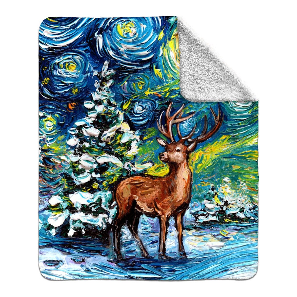 Fleece Sherpa Blanket Silent Starry Night Deer In Snowy Woods 60x50 Inch Throw